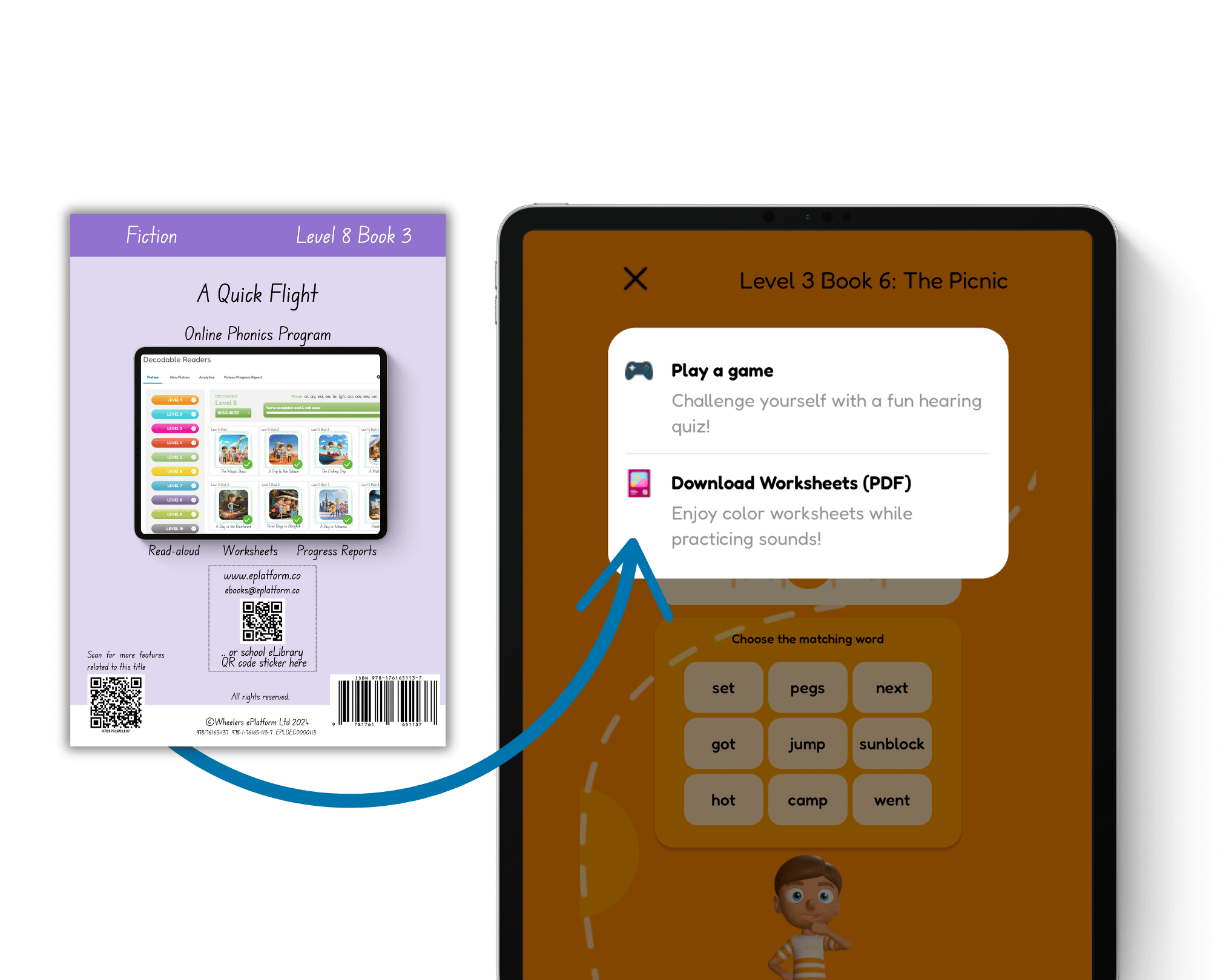 An example of the scannable QR codes on the decodable books that provide access to interactive resources like worksheets and games